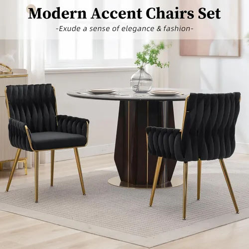 Miniatura 6 de ABET Silla de escritorio de oficina sin ruedas, silla de tocador de terciopelo tejido con respaldo y reposabrazos, cómoda y tapizada con patas