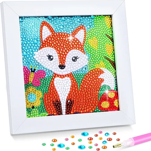 SATINIOR Kit de pintura de diamante de zorro para niños, marco de madera de 7.1 x 7.1 pulgadas, manualidades de diamantes con temática de zorro, Fox