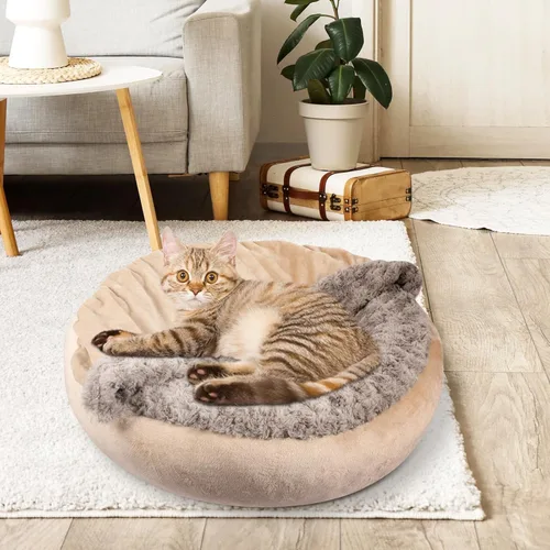 Miniatura 7 de JOEJOY Cama pequeña para perros y gatos con manta con capucha, acogedora y lujosa cama para cachorros en forma de dona redonda que alivia