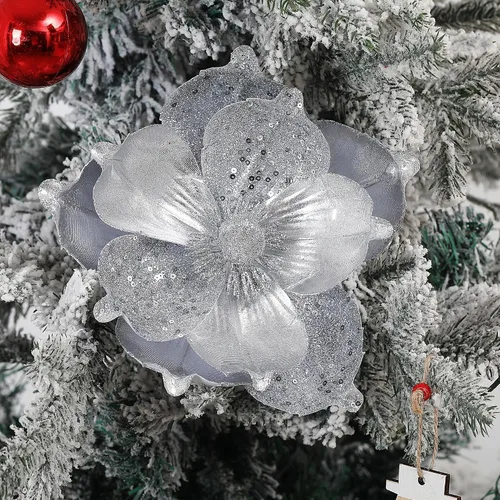 Miniatura 2 de Flores de Navidad grandes con purpurina de 10 pulgadas, 6 unidades, flores artificiales de magnolia de terciopelo, decoraciones para árbol