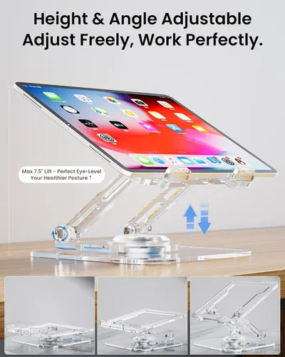 Miniatura 4 de Soporte para computadora portátil para escritorio, elevador acrílico transparente ajustable y plegable con base giratoria de 360°, soporte