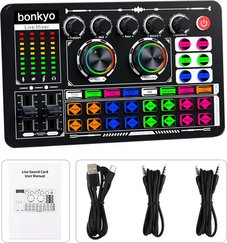 Mezclador de Audio Profesional, Tarjeta de Sonido en Vivo F999 con Mezclador DJ para Transmisión/Podcast/Juegos, Equipo Profesional de Estudio