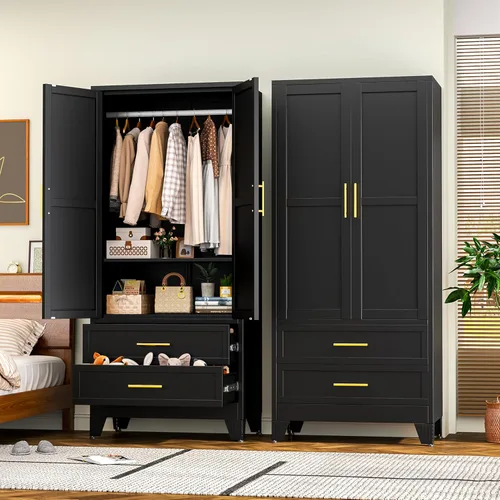 Miniatura 20 de RIETERN Armario Ropero de Metal, 71" de Alto Armario de Dormitorio con Espejo, 1 Cajón, Estantes Ajustables, y Barra para Colgar, Armarios de Acero