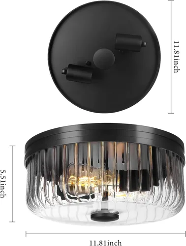 Miniatura 2 de Lámpara de techo moderna de montaje empotrado, lámpara de techo con pantalla de vidrio transparente a rayas, lámpara de techo redonda rústica