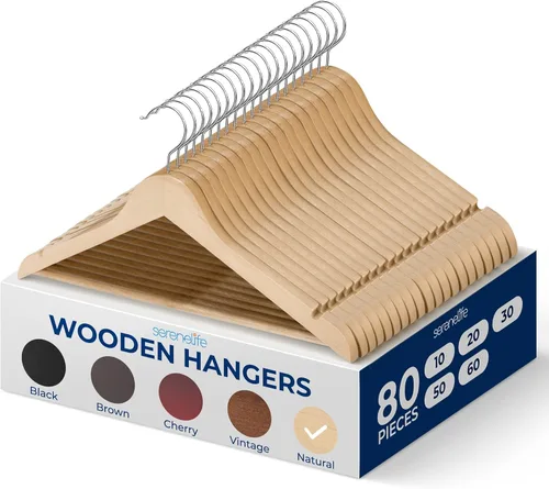 Miniatura 19 de SereneLife Paquete de 30 perchas de madera resistente – Juego de perchas de madera maciza con gancho giratorio de 360°, barra para pantalones