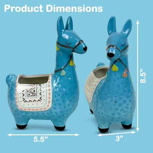 Miniatura 3 de Maceta de llama de cerámica para plantas suculentas, bonita decoración de alpaca para el hogar, oficina, 8 1/2 pulgadas de alto con agujeros de Azul