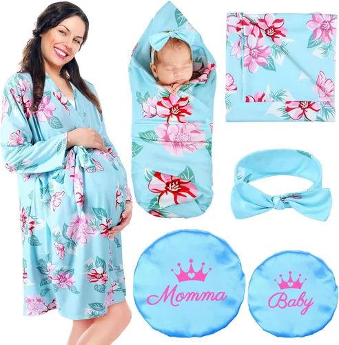 Miniatura 8 de Mepase 5 piezas de mamá y yo hospital a juego trajes de maternidad bata de envolver manta para bebé niña niños diadema sombrero para mamá bebé