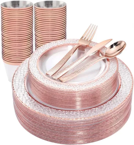 Ciaell 150 platos de plástico de oro rosa – Platos desechables con cubiertos de plástico de oro rosa incluyen 50 platos, 25 tenedores, 25 cuchillos,