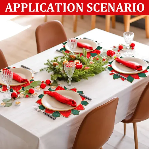 Miniatura 2 de Ziliny 6 manteles individuales bordados de flor de pascua de Navidad de doble capa, manteles individuales bordados con flores rojas, apliques