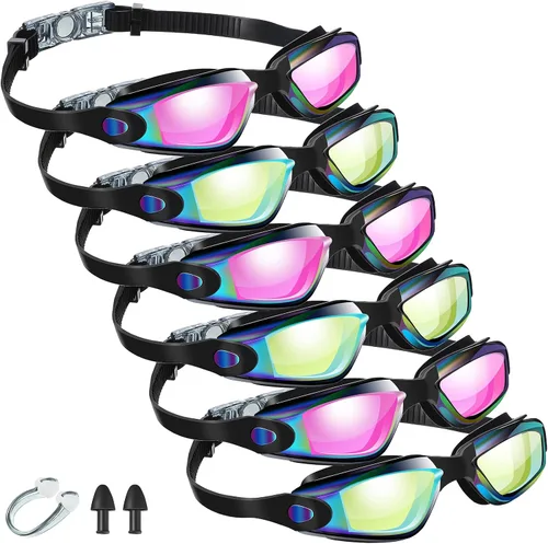 Flutesan Paquete de 6 gafas de natación para adultos, antiniebla, con tapones para los oídos, clip para la nariz, sin fugas, protección completa