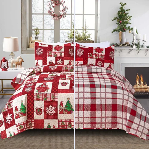Miniatura 8 de Juego de colcha de Navidad de Smuge, tamaño king - Reversible, con diseño de alce, muñeco de nieve, árbol de Navidad, pequeña campana, rojo, verde