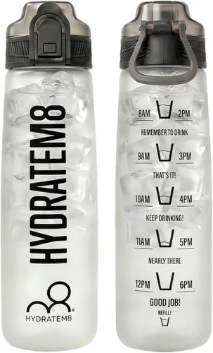 HYDRATEM8 Botella de agua deportiva de 32 onzas con marcador de tiempo, tapa con cerradura a prueba de fugas y Tritan sin BPA, botella de bebida