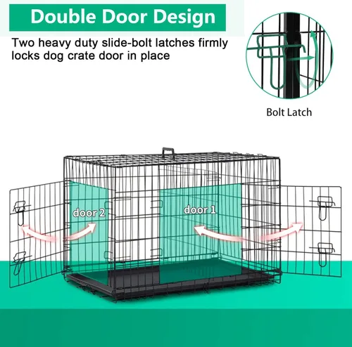 Miniatura 4 de FDW Jaula XL para perros con doble puerta, jaula plegable de alambre de metal de 42 pulgadas con bandeja extraíble y panel divisor, jaula para Negro