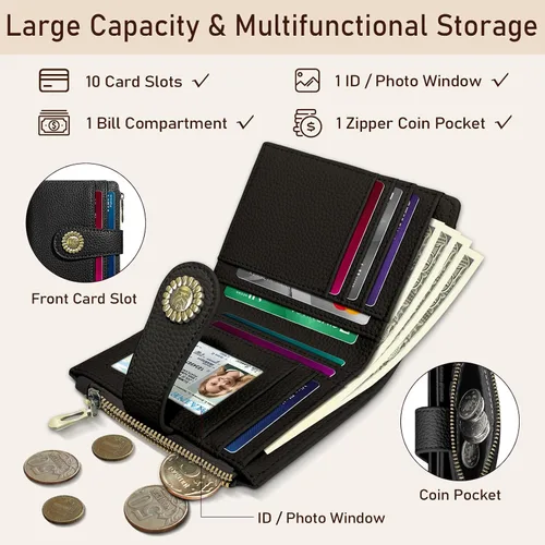Miniatura 4 de Kelvoris Cartera pequeña Rfid para mujer, plegable, con cremallera, bolsillo para monedas, piel sintética, compacto, para tarjetas de crédito