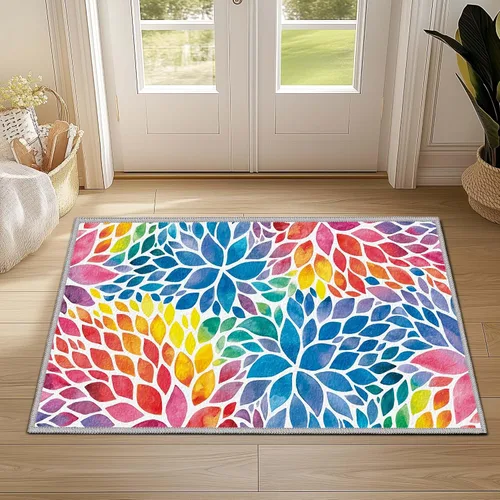 Alfombra abstracta de arco iris pequeña de 2 x 3 pulgadas, alfombra de entrada colorida de dalia multicolor, tapete antideslizante y lavable a