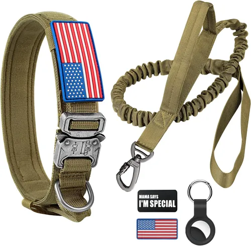 Miniatura 20 de Collar táctico militar para perro, nailon ajustable, hebilla de metal resistente con asa para entrenamiento, parches (verde, XL)