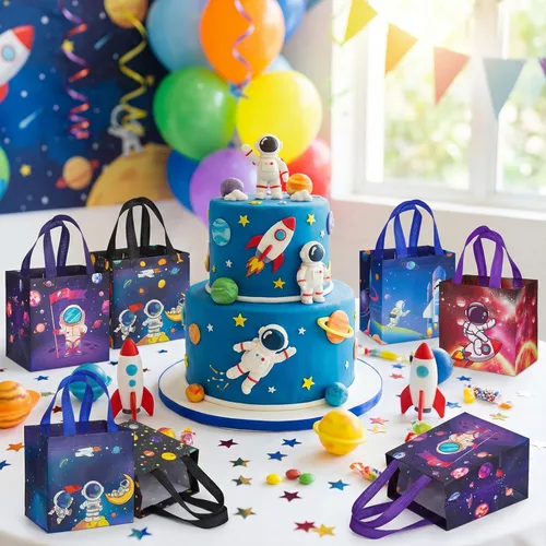 Miniatura 5 de Kigeli 60 bolsas de regalos espaciales de 6 estilos, recuerdos de fiesta espacial, bolsas grandes de regalo no tejidas con asas, bolsa de dulces