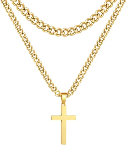 Zocomi Collar de cruz de acero inoxidable en capas para hombres y niños, cadena de eslabones cubanos colgante de cruz, joyería religiosa regalos,