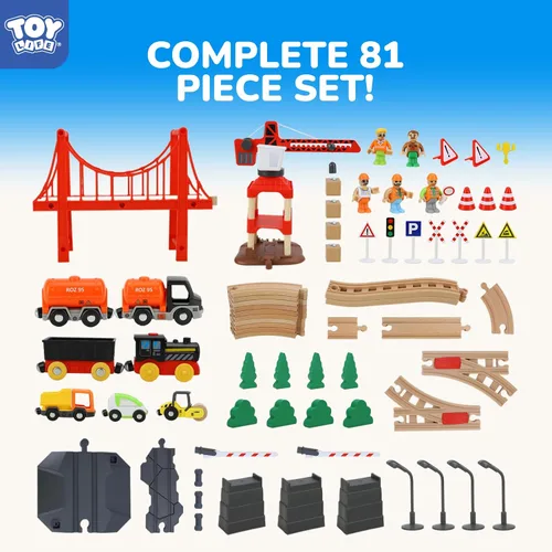 Miniatura 5 de TOY Life Juego de Tren de 81 Piezas con Grúa y Locomotora, Juguete de Tren de Madera, Vías de Tren de Madera para Niños Pequeños de 3, 4, 5 Años
