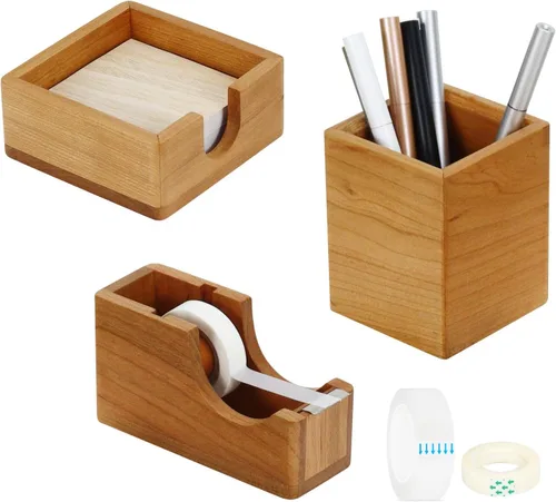 Miniatura 10 de MultiBey 4 organizadores de escritorio de nogal para suministros de oficina, soporte de notas adhesivas de madera, dispensador de cinta, soporte