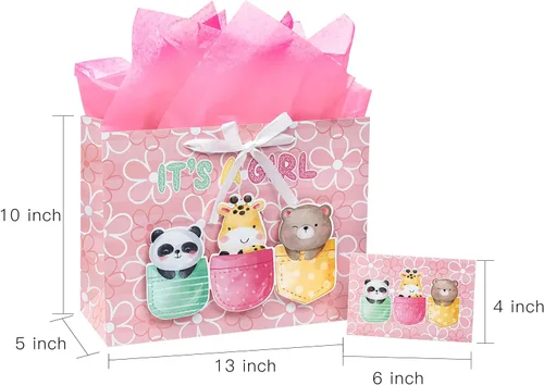 Miniatura 6 de Loveinside Bolsa de regalo para niña con diseño de animales rosados con papel de seda y tarjeta de felicitación para baby shower, nuevos padres