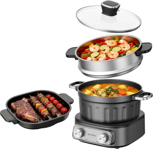 N74SNA - Juego de vaporizador de parrilla eléctrica multicocción de 2.5 cuartos de galón, antiadherente, sin PFOA, para carne, sopa, arroz frito,