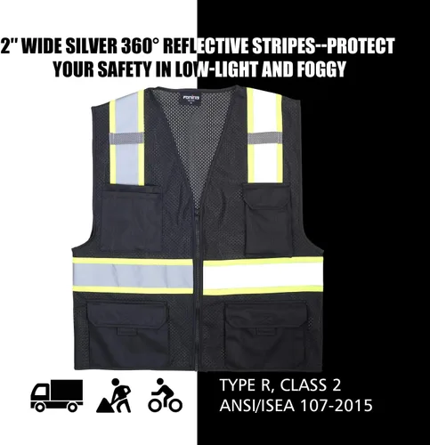 Miniatura 5 de FONIRRA Chaleco de seguridad para hombres de alta visibilidad reflectante, chaleco de trabajo de construcción ANSI clase 2 con bolsillos y Negro