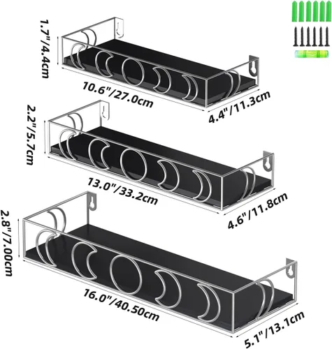 Miniatura 3 de Estantes de pared de fase lunar negro y plateado, paquete de 3 estantes flotantes pequeños para plantas de libros para dormitorio, habitación
