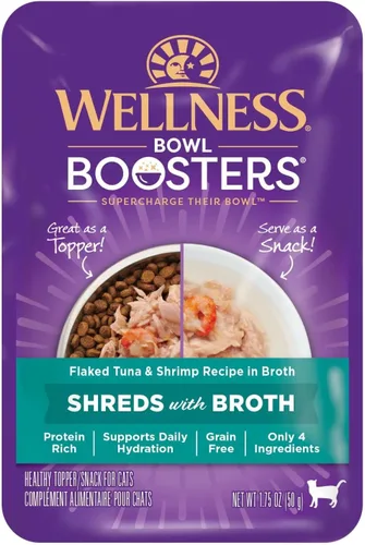 Wellness Bowl Boosters Shreds with Caldo Wet Cat Food Topper, sin granos, natural, receta de atún en hojuelas y camarones, 1.75 onzas, paquete de 12