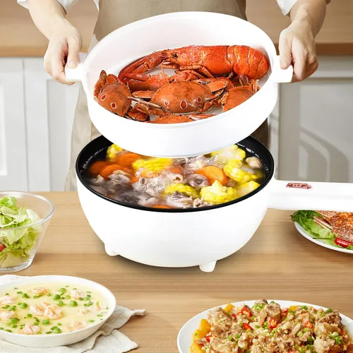 Miniatura 8 de Olla eléctrica con vaporizador, sartén antiadherente de 3 L, olla rápida de fideos con espátula, mini olla para carne, huevo, ramen, cocina