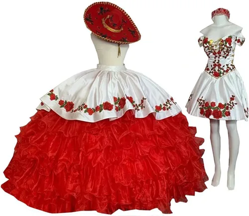 Miniatura 4 de Adorno dorado 2026 Flores africanas rojas bordadas 2 en 1 vestido de fiesta vestidos de quinceañera fuera del hombro baile de graduación dulce 15 16