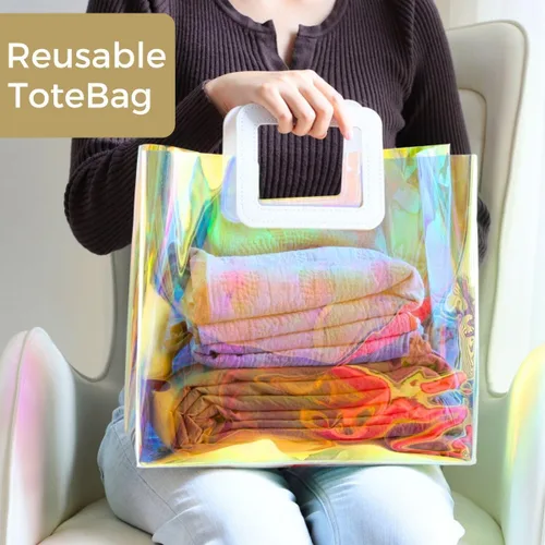 Miniatura 4 de VUOJUR Bolsa de regalo holográfica grande de 12.8 x 11.6 x 5.7 pulgadas, transparente, reutilizable, bolsa de regalo de cumpleaños para mujeres