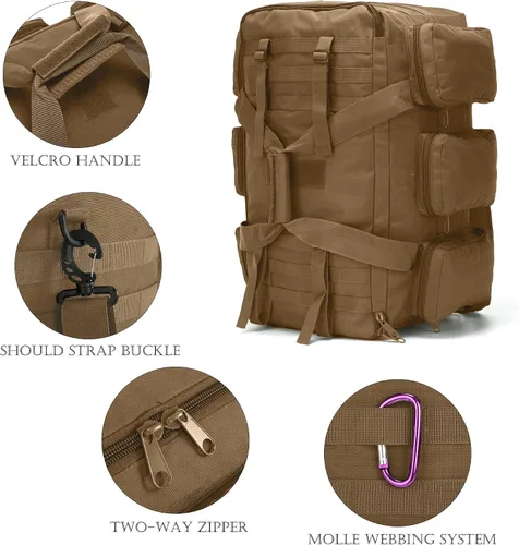 Miniatura 3 de 3 en 1 bolsa de lona militar 50L bolsa de gimnasio para hombres convertible mochila de fin de semana para deportes viajes baloncesto, 115L-Caqui