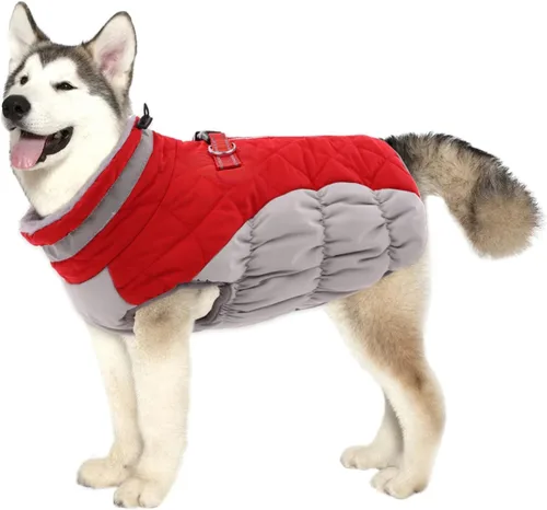 Lelepet Abrigo cálido para perro, abrigo de invierno para perro, chaqueta impermeable para perros con arnés integrado reflectante para mascotas, Rojo