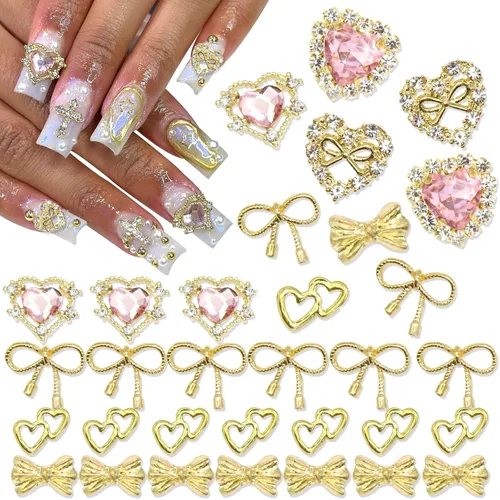 RODAKY 32 dijes dorados para uñas, con lazo, gemas de corazón 3D para arte de uñas con diamantes de imitación rosa, joyería de uñas brillante para