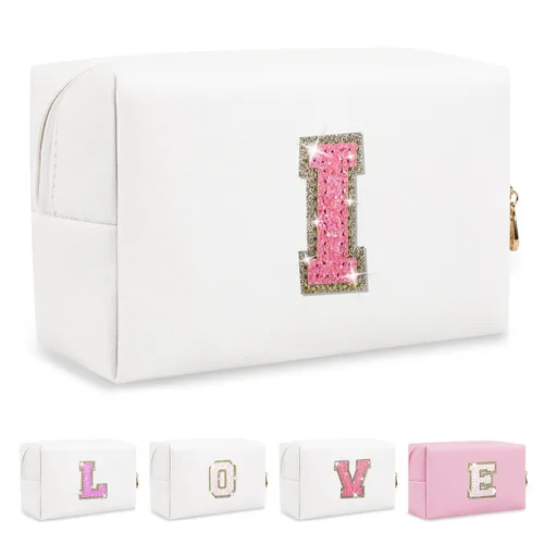 Miniatura 339 de Pequeña bolsa de maquillaje personalizada con inicial A-Z Preppy Patch, bolsa de cosméticos de viaje de felpilla blanca con cremallera, bonita bolsa