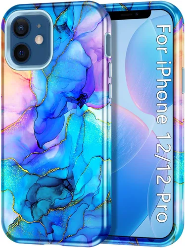 Miniatura 13 de Btscase para iPhone 12/iPhone 12 Pro, funda resistente de tres capas de mármol a prueba de golpes, cuerpo completo, PC duro + parachoques de TPU