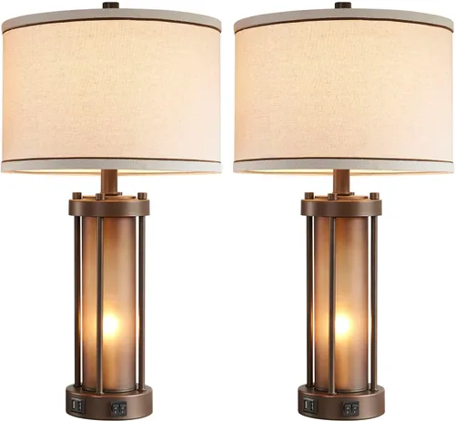 Miniatura 8 de Juego de 2 lámparas de mesa de estilo granja para sala de estar con 2 puertos de carga USB, lámparas rústicas vintage para mesita de noche con luz