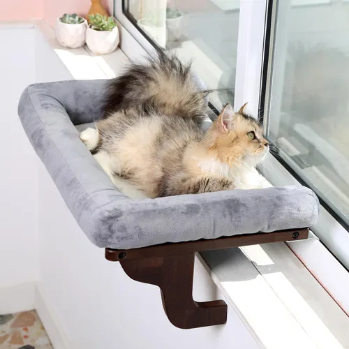 Miniatura 13 de Zakkart Percha para gato para alféizar de ventana con refuerzo, diseño ortopédico de hamaca con madera dura de primera calidad y marco de metal