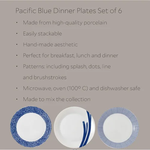 Miniatura 2 de Royal Doulton Pacific - Platos llanos con patrones mixtos, 11.4 pulgadas, azul/blanco, juego de 6
