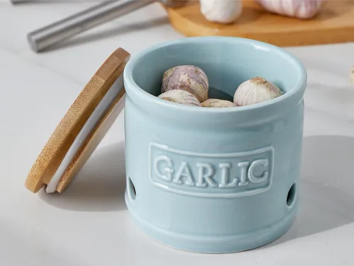 Miniatura 2 de ONEMORE Soporte de ajo con tapa, recipiente de ajo de cerámica de 4 pulgadas, azul claro