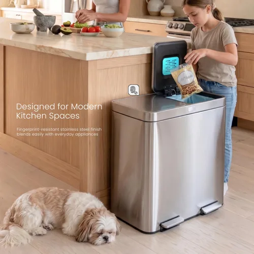 Miniatura 4 de Home Zone Living cubeta de basura de cocina de 16 galones con compartimentos duales para reciclaje, control de olor CleanAura, acero inoxidable