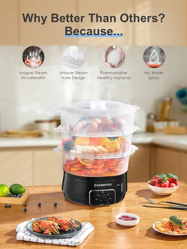 Miniatura 3 de Vaporizador eléctrico de 3 niveles para cocinar, vaporizador de verduras de 13.7 cuartos de galón para cocción simultánea rápida, vaporizador
