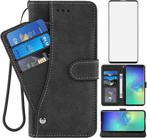 Compatible con Samsung Galaxy S10 Plus - Funda tipo cartera de vidrio templado, protector de pantalla con tapa para tarjetero, fundas para teléfono