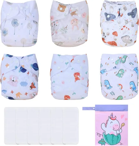 Miniatura 30 de TDIAPERS Pañales de tela reutilizables, lavables, de bolsillo, talla única, ajustable para pañales de tela a presión, paquete de 6 con 6 insertos