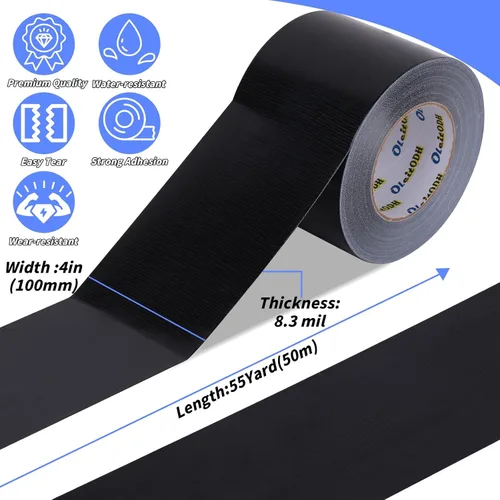 Miniatura 2 de Cinta adhesiva negra de 4 pulgadas, paquete de 4 cintas adhesivas resistentes, totales de 220 yardas, 8.3 mil de grosor, fuerte, flexible, sin Negro