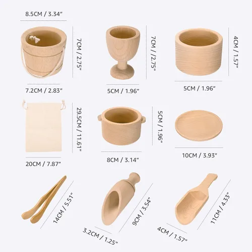 Miniatura 7 de Montessori Juguetes sensoriales de contenedores para niños de 1 año Paquete de 9 juguetes Waldorf de madera con palas y pinzas para el trabajo
