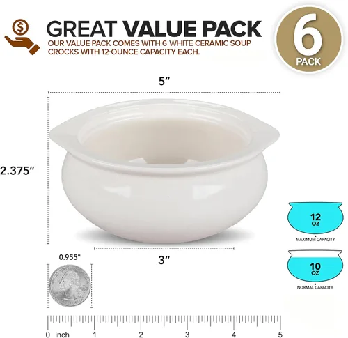 Miniatura 2 de Stock Your Home White French Onion Soup Crocks (6 unidades) – Tazones de sopa de cebolla francesa de 12 onzas aptos para horno, cuencos de sopa