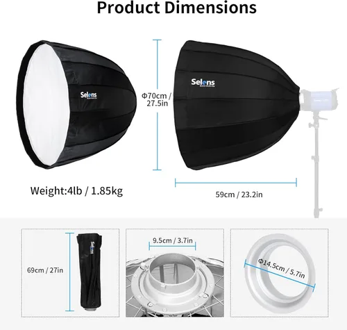Miniatura 7 de Selens Parabolic Deep Softbox de 27.5 pulgadas / 27.6 in hexadecágono plegable rápido paraguas softbox con soporte Bowens Speedring para estudio