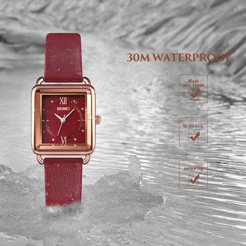 Miniatura 5 de SKMEI Reloj de mujer, elegante reloj de pulsera rectangular de cuero para damas, reloj analógico de cuarzo impermeable para mujer, Rojo-d